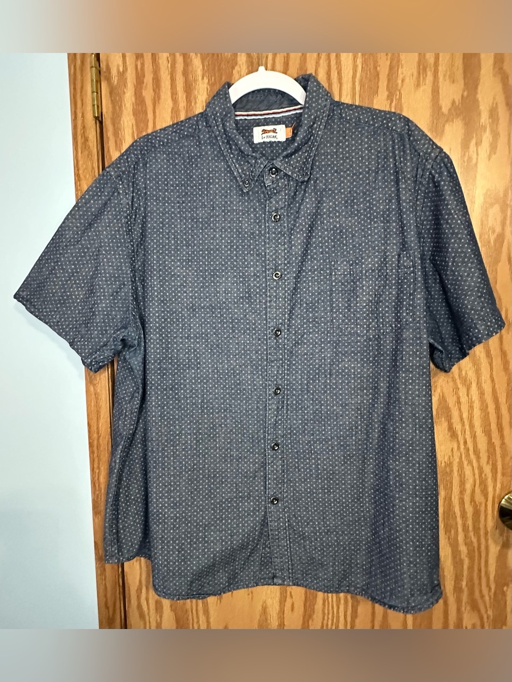 Men’s 100% Cotton Chambray Le Tigre Short Sleeve Button Down Shirt Size XXL